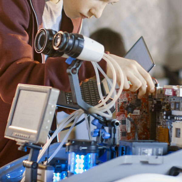 Young man building a robot